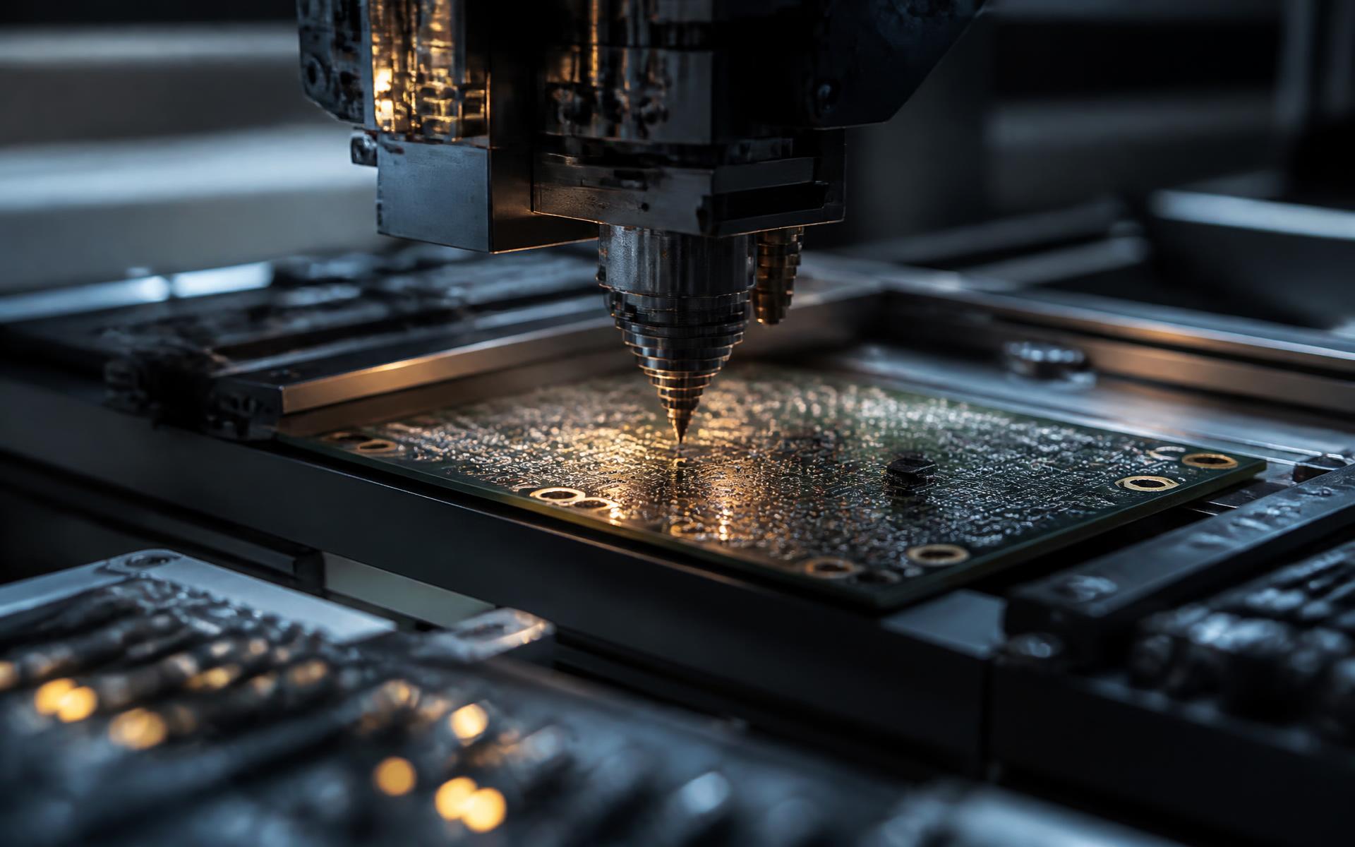 Präzisionsbestückung einer elektronischen Baugruppe in der SMT-Fertigung von AL Industrieelektronik